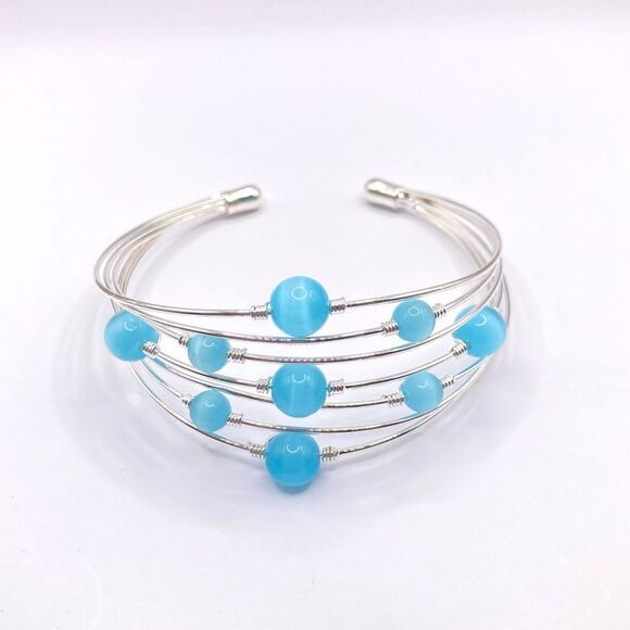 Silver Blue floating bead cuff bracelet - Picture 1 of 4
